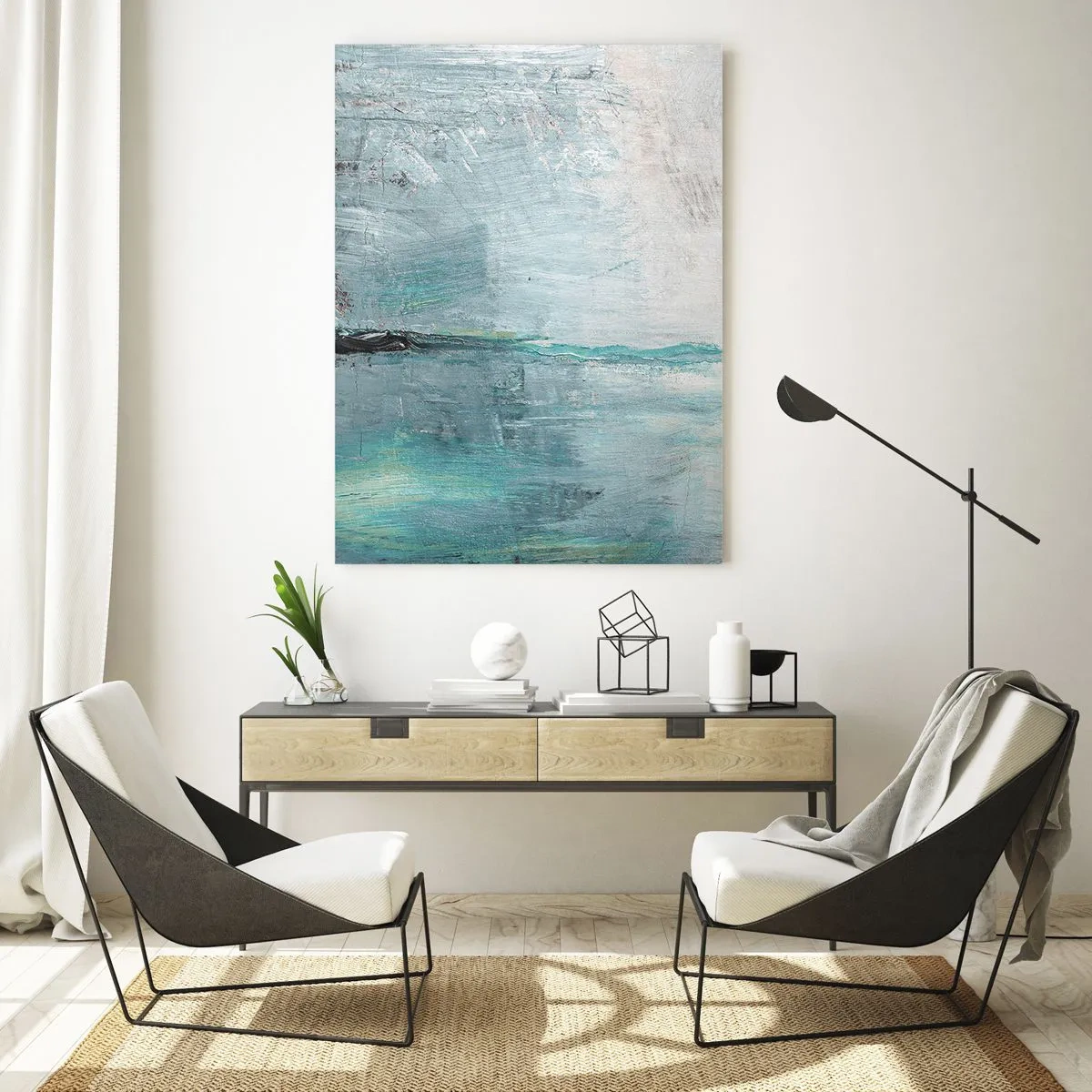 Impression sur verre - Image sur verre - Abstraction dans les tons turquoise et gris - 80x120cm - Horizontalement en bleu - Décoration murale moderne pour le salon et la chambre ARTTOR
