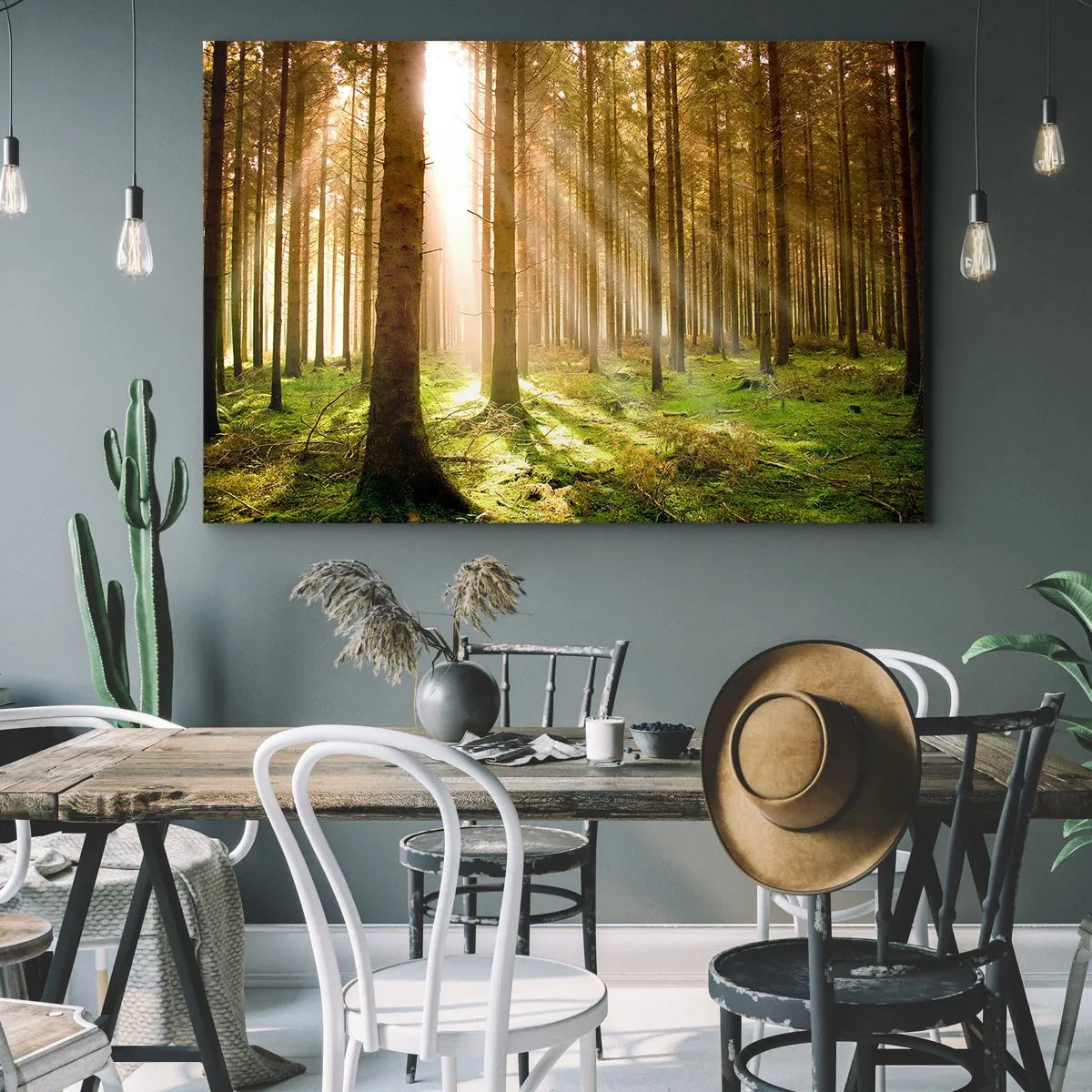 Impression sur toile - Image sur toile - Forêt de conifères avec les rayons du soleil qui brillent à travers les arbres - 70x50cm - Les elfes vont bientôt apparaître - Décoration murale moderne pour le salon et la chambre ARTTOR