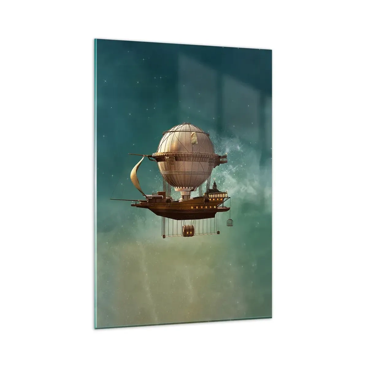 Impression sur verre - Image sur verre - Un dirigeable fantastique contre le ciel verdâtre - 80x120cm - Jules Verne vous salue - Décoration murale moderne pour le salon et la chambre ARTTOR