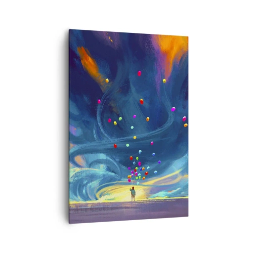 Impression sur toile - Image sur toile - Une silhouette avec des ballons sur un fond de nuages tourbillonnants et colorés - 70x100cm - Au vent bleu ciel - Décoration murale moderne pour le salon et la chambre ARTTOR