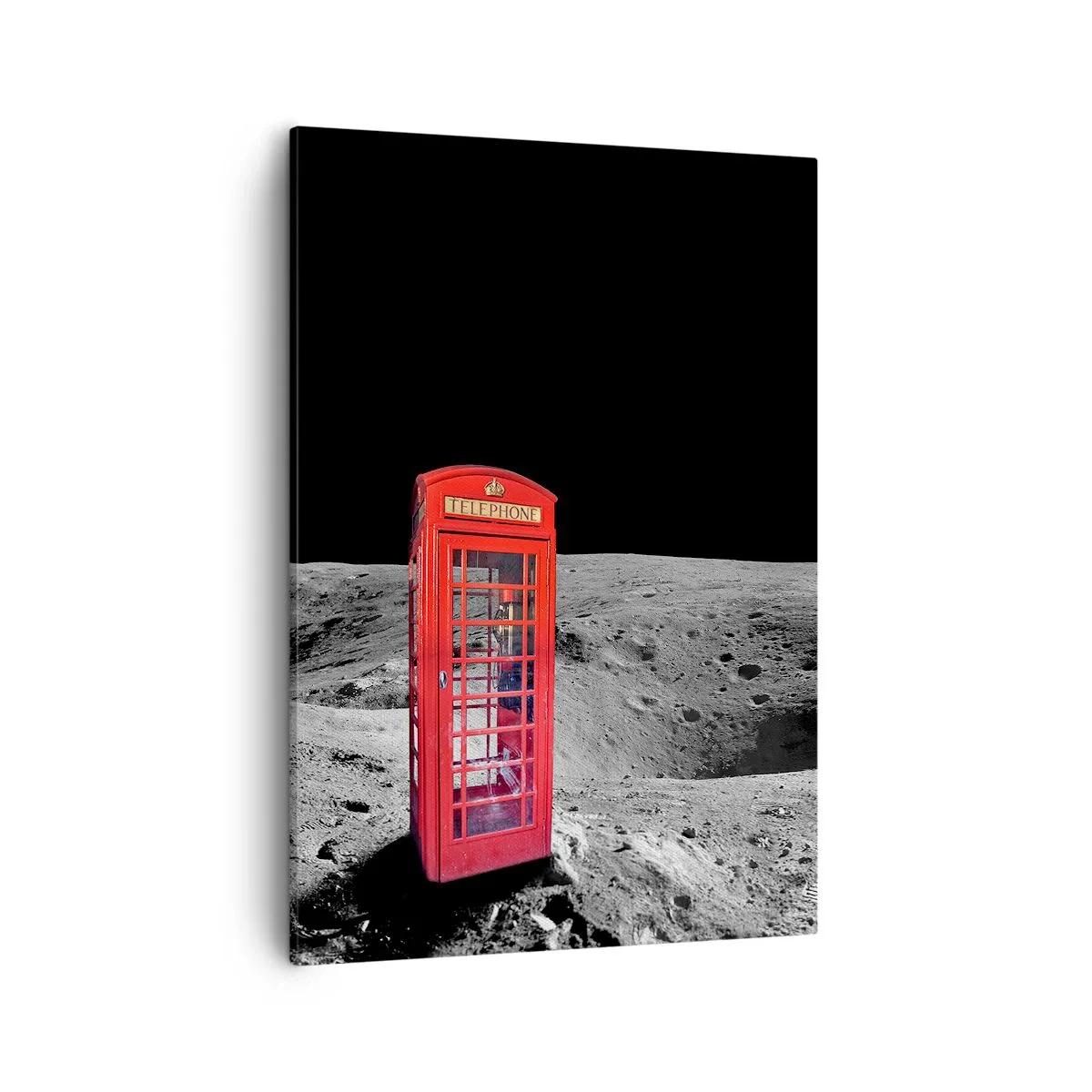 Impression sur toile - Image sur toile - Cabine téléphonique rouge sur la lune - 50x70cm - Une blague cosmique - Décoration murale moderne pour le salon et la chambre ARTTOR