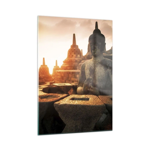 Impression sur verre - Image sur verre - Une statue de Bouddha illuminée par le soleil couchant dans un ancien complexe de temples - 50x70cm - Temps de grande sagesse - Décoration murale moderne pour le salon et la chambre ARTTOR