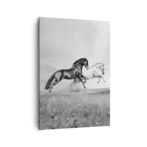 Impression sur toile - Image sur toile - Deux chevaux au galop dans une composition dynamique en noir et blanc - 50x70cm - Anges et démons - Décoration murale moderne pour le salon et la chambre ARTTOR