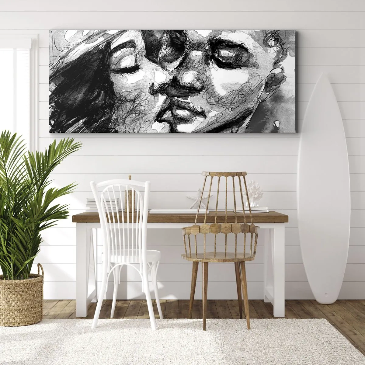 Impression sur toile - Image sur toile - Une aquarelle en noir et blanc représentant un moment intime entre deux personnes. - 140x50cm - Un moment tendre - Décoration murale moderne pour le salon et la chambre ARTTOR