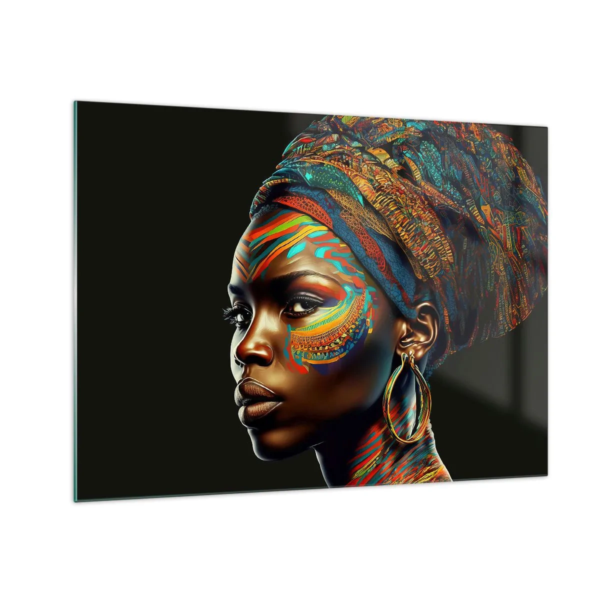 Impression sur verre - Image sur verre - Portrait d'une femme avec une peinture colorée et un turban - 70x50cm - reine africaine - Décoration murale moderne pour le salon et la chambre ARTTOR