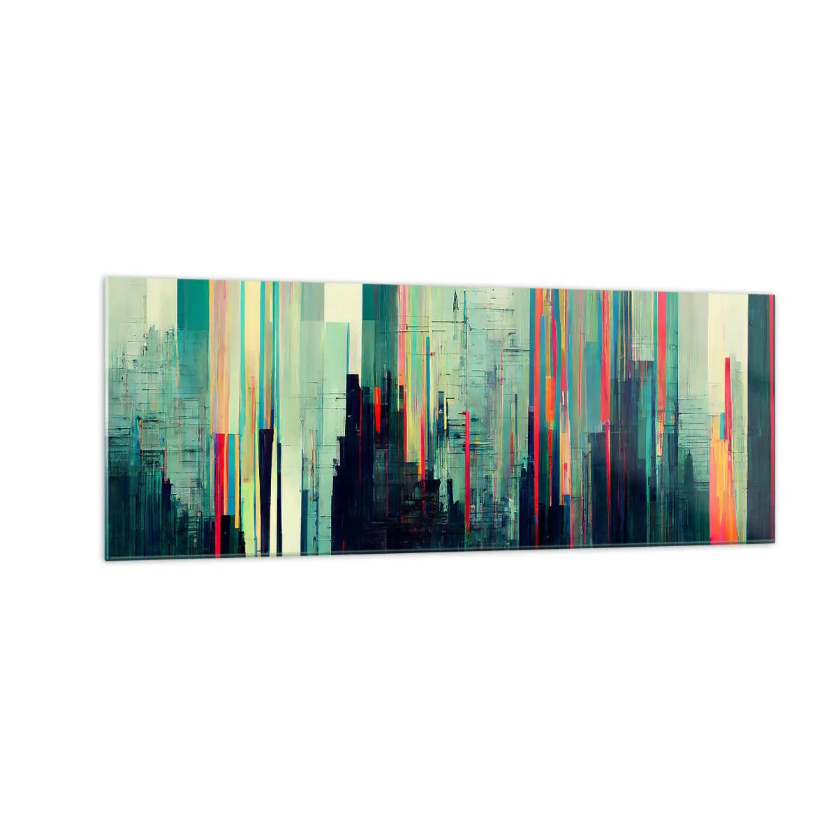 Impression sur verre - Image sur verre - Abstraction avec des lignes verticales et un horizon urbain - 140x50cm - Ville futuriste - Décoration murale moderne pour le salon et la chambre ARTTOR