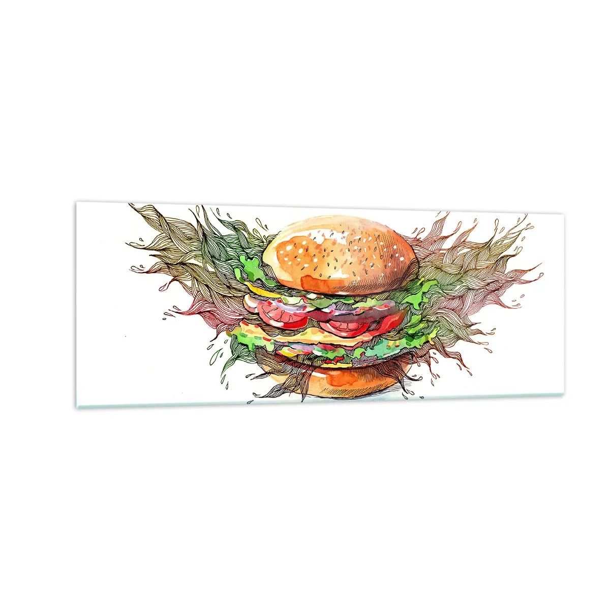 Impression sur verre - Image sur verre - Illustration artistique d'un burger avec des éléments dynamiques - 140x50cm - Tentation chaude - Décoration murale moderne pour le salon et la chambre ARTTOR