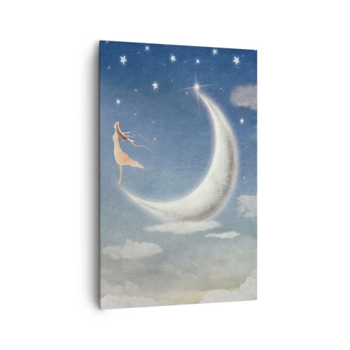 Impression sur toile - Image sur toile - Une femme dans la lune entourée d'étoiles et de nuages - 80x120cm - Valise bleue - Décoration murale moderne pour le salon et la chambre ARTTOR