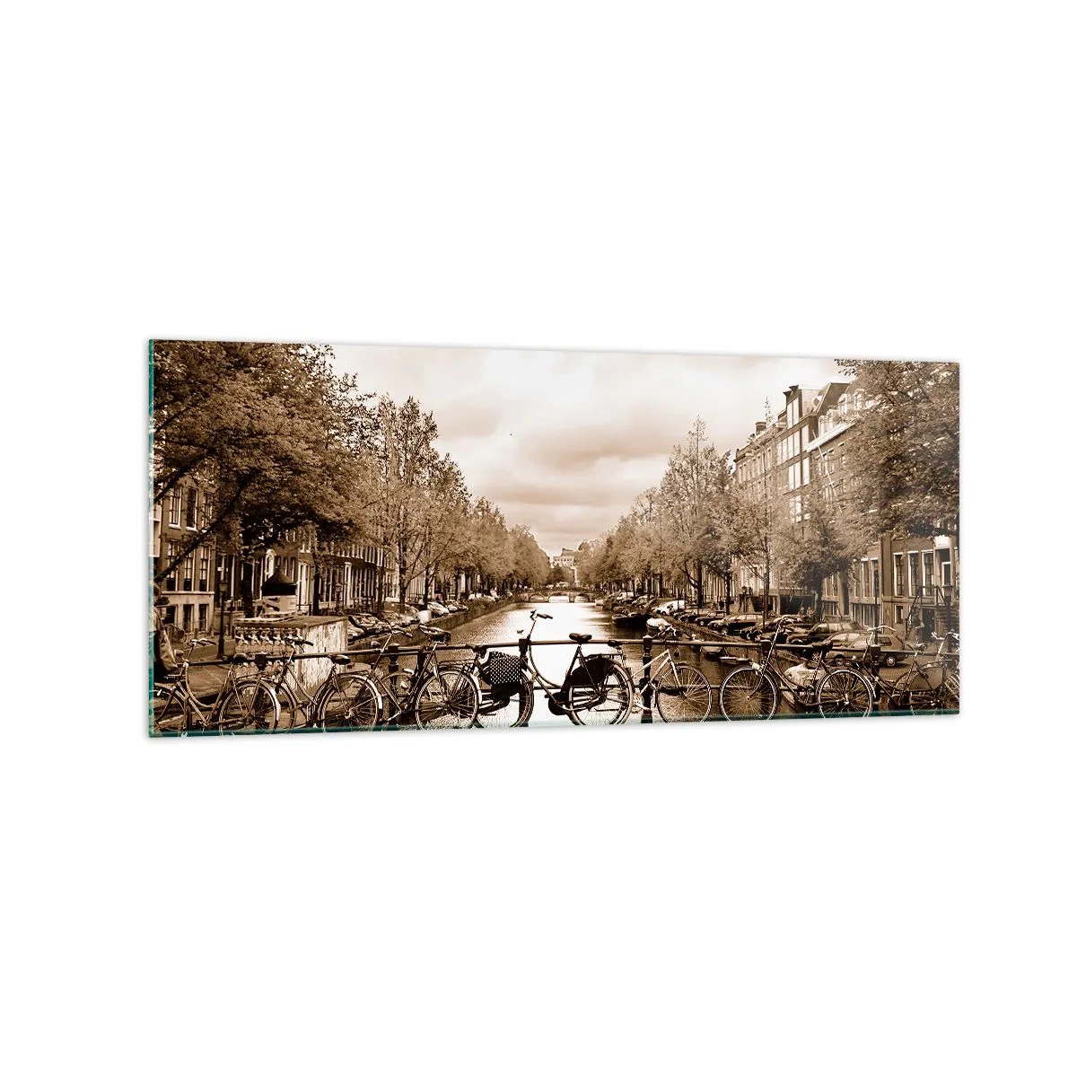 Impression sur verre - Image sur verre - Pont cyclable sur le canal en sépia - 120x50cm - Ambiance hollandaise - Décoration murale moderne pour le salon et la chambre ARTTOR