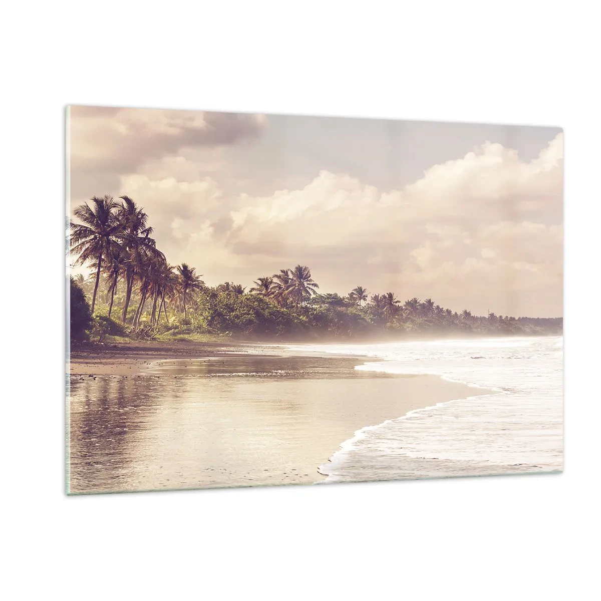 Impression sur verre - Image sur verre - Une plage dorée avec des palmiers et un océan calme dans la douce lumière - 120x80cm - La caresse des vagues - Décoration murale moderne pour le salon et la chambre ARTTOR