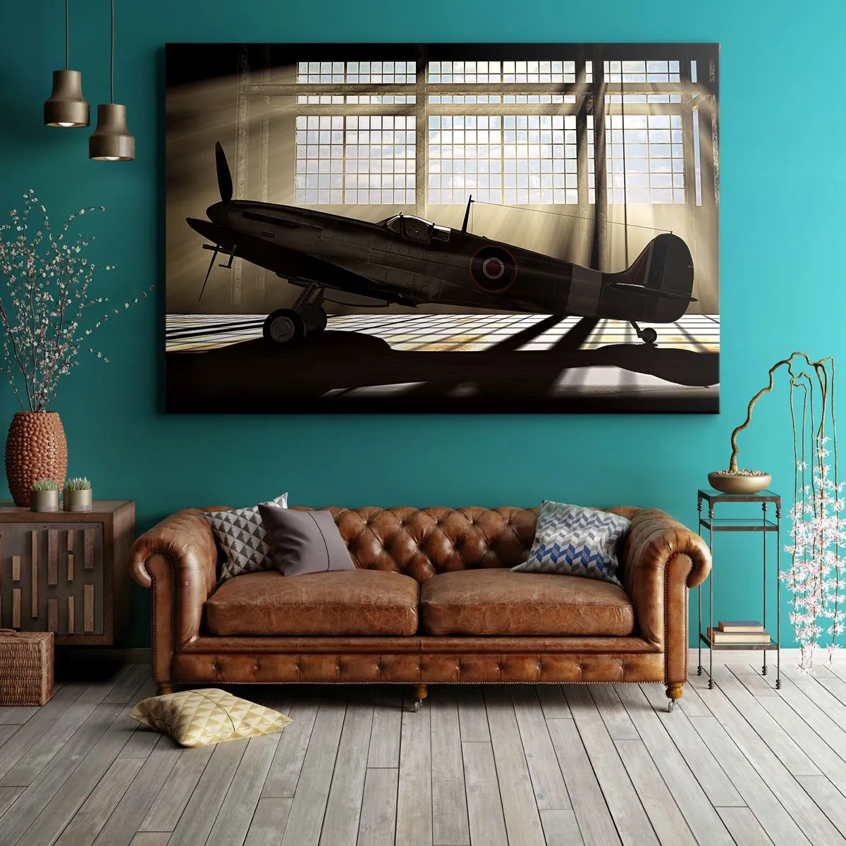 Impression sur toile - Image sur toile - Un avion historique dans un hangar éclairé par la lumière du soleil - 100x70cm - Le repos du guerrier - Décoration murale moderne pour le salon et la chambre ARTTOR