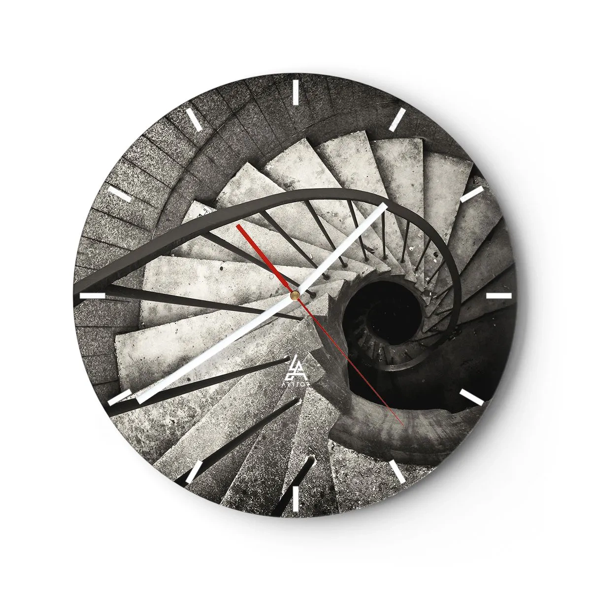 Horloge murale - Pendule murale - Escalier en colimaçon noir et blanc avec vue vers le bas et disposition géométrique des marches - 30x30cm - En haut des escaliers, en bas des escaliers