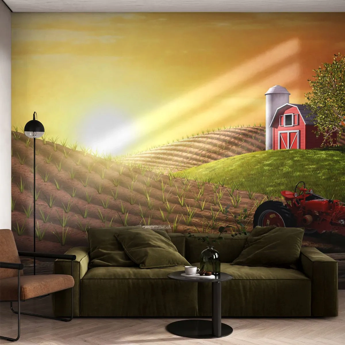 Papier Peint Autocollant Deluxe Sticker - Une ferme comme dans un conte de fées - Ferme, Paysage, Tracteur - 150x105 cm