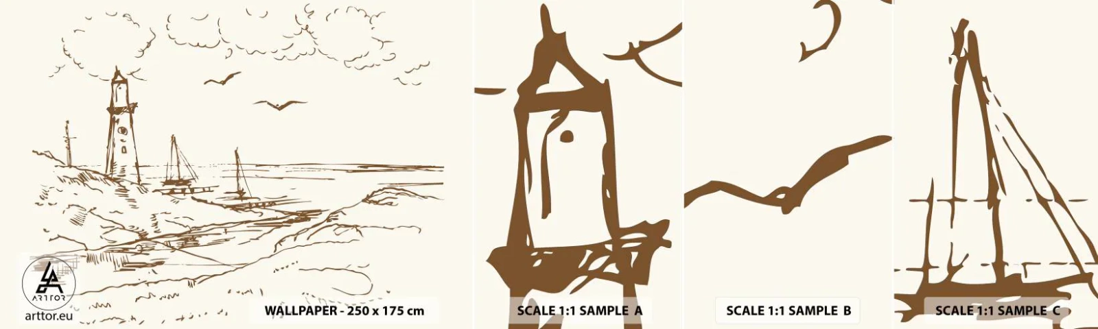 Échantillon de Papier Peint Autocollant Deluxe Sticker - Esquisse de souvenirs d'été - Graphique, Côte, Phare - 100x30 cm