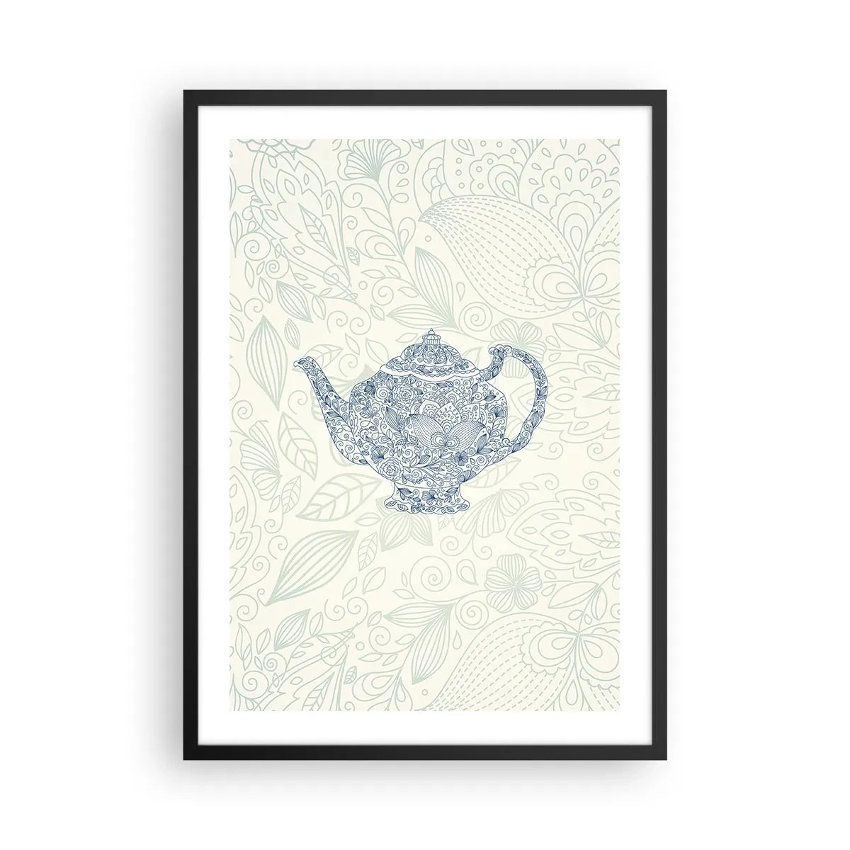 Affiche dans un cadre noir - Poster - Illustration décorative d'une théière avec un motif subtil sur un fond clair. - 50x70cm - Le charme du thé - Décoration murale moderne pour le salon et la chambre ARTTOR