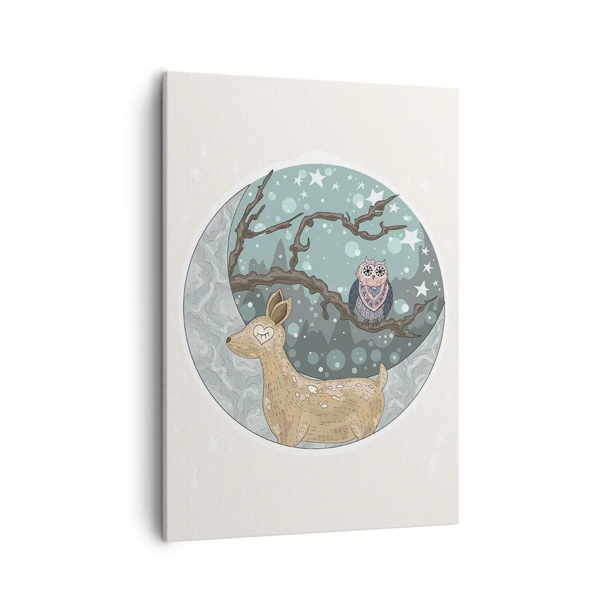 Impression sur toile - Image sur toile - Un cerf et un hibou dans un paysage nocturne de conte de fées - 50x70cm - Une nuit de conte de fées en forêt  - Décoration murale moderne pour le salon et la chambre ARTTOR