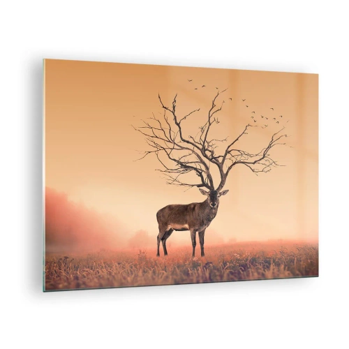 Impression sur verre - Image sur verre - Illustration d'un cerf avec un arbre comme bois - 70x50cm - Cerf de Pra - l'esprit éternel de la forêt - Décoration murale moderne pour le salon et la chambre ARTTOR
