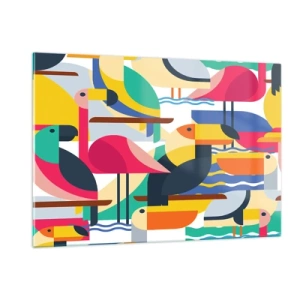 Impression sur verre - Image sur verre - Illustration abstraite d'oiseaux colorés dans un style géométrique - 120x80cm - Fête des oiseaux - Décoration murale moderne pour le salon et la chambre ARTTOR