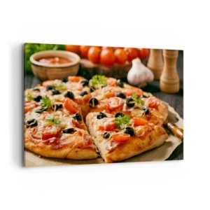 Impression sur toile - Image sur toile - Pizza aux tomates, olives et herbes fraîches sur la table - 100x70cm - Tu t'en es encore tiré - Décoration murale moderne pour le salon et la chambre ARTTOR