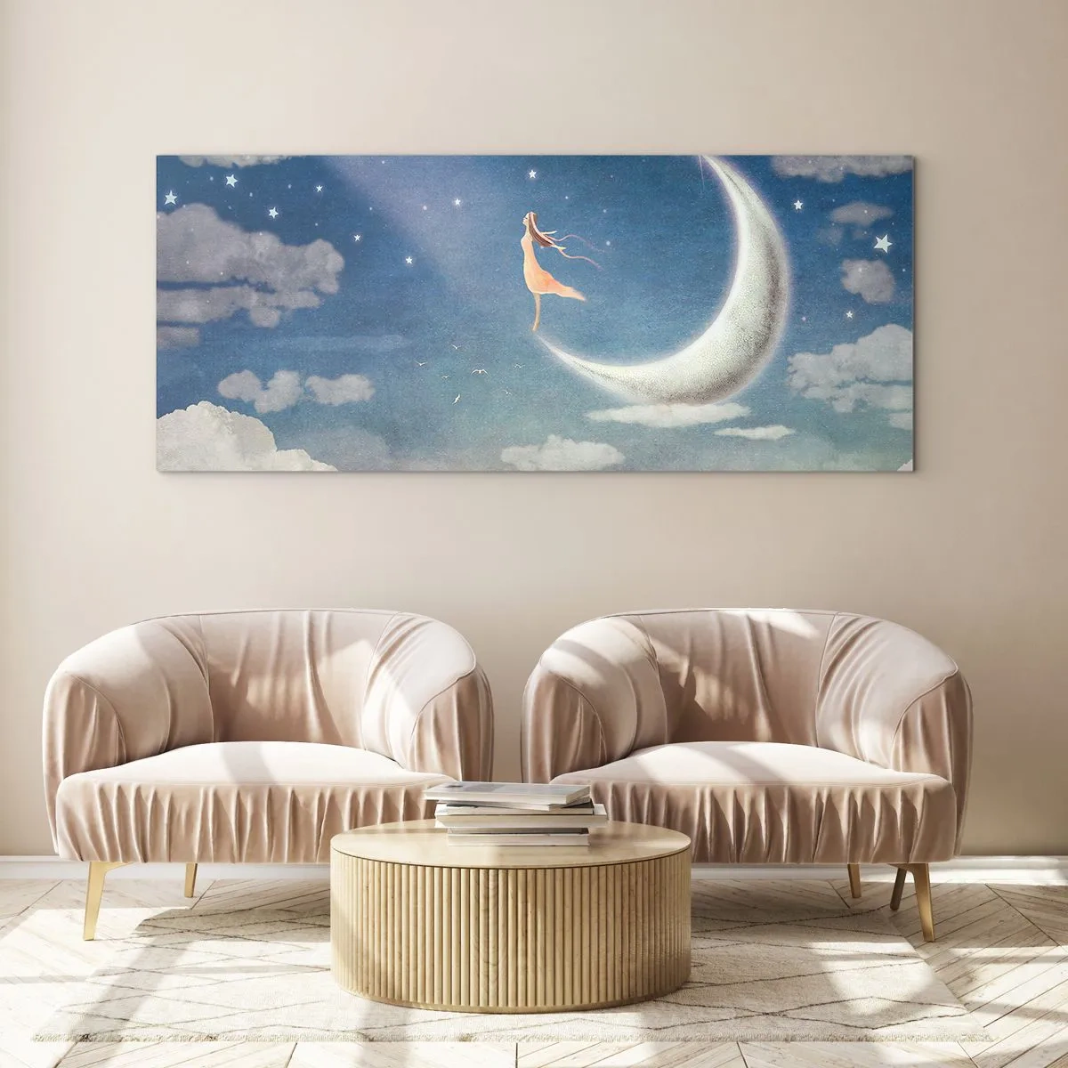 Impression sur verre - Image sur verre - Une femme dans la lune entourée d'étoiles et de nuages - 140x50cm - Valise bleue - Décoration murale moderne pour le salon et la chambre ARTTOR