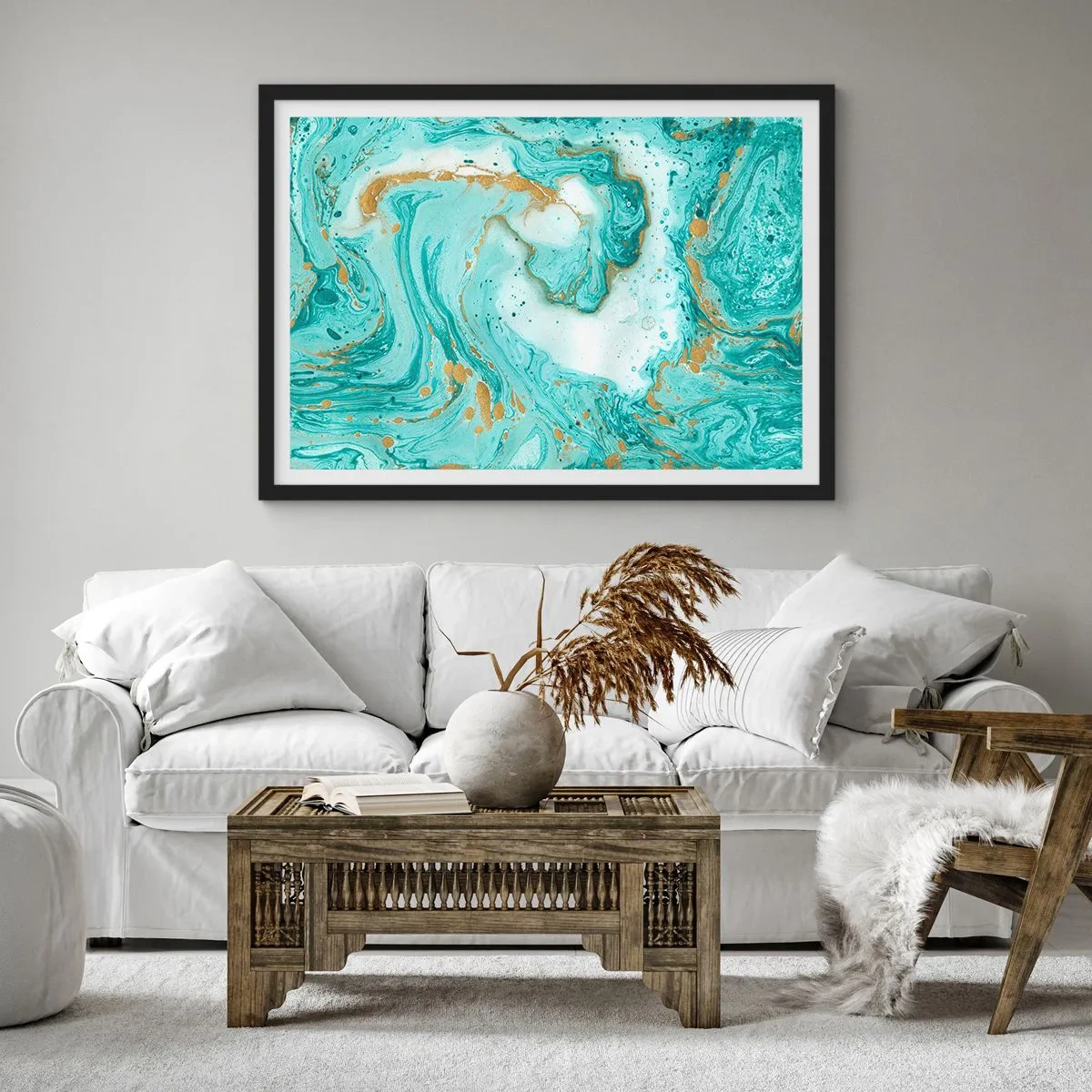 Affiche dans un cadre noir - Poster - Marbre turquoise avec des accents dorés dans une composition abstraite - 100x70cm - Sous la grande vague de l'ère Edo - Décoration murale moderne pour le salon et la chambre ARTTOR
