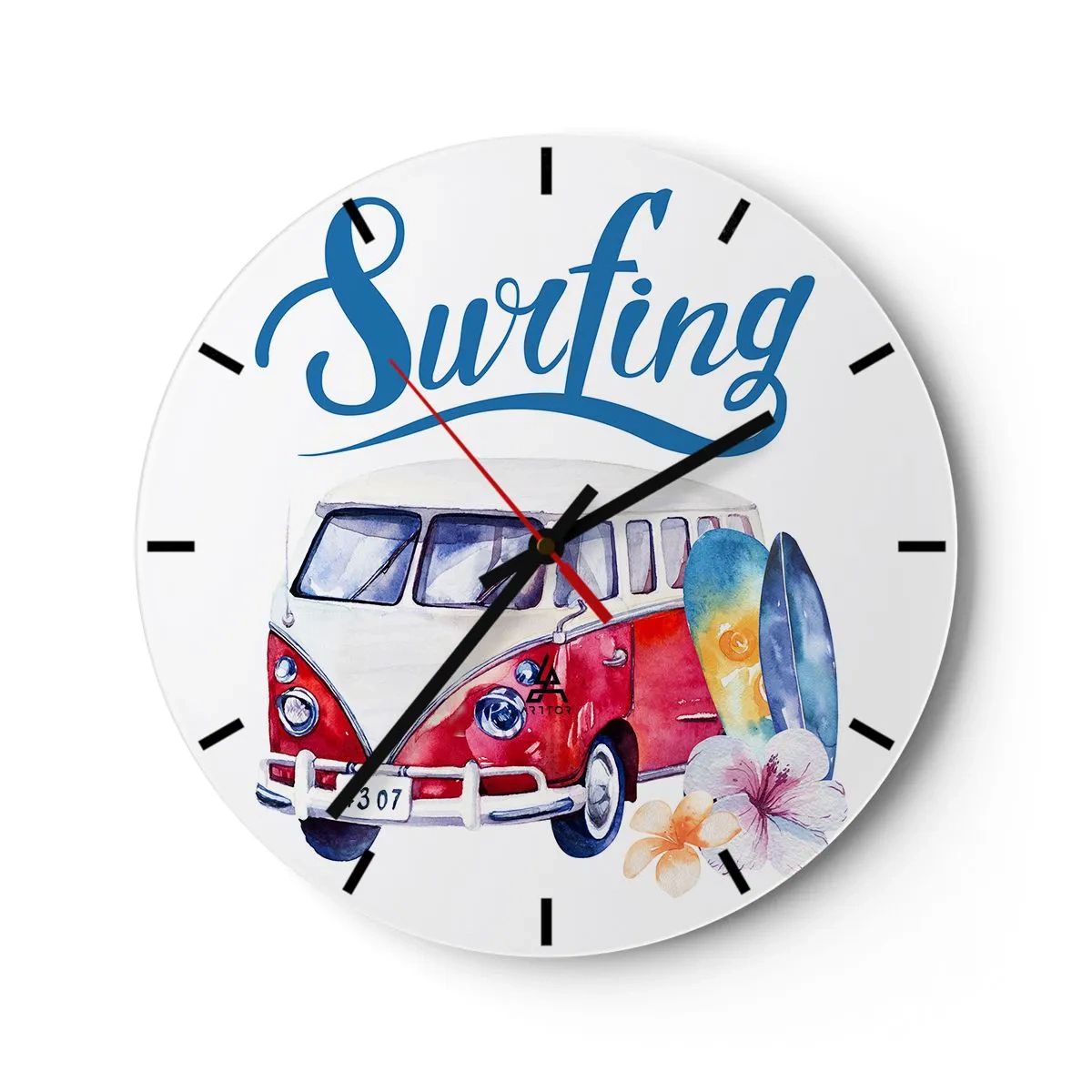 Horloge murale - Pendule murale - Motif de bus de surf avec planches et fleurs sur fond blanc - 30x30cm - Concombre - un classique pour un surfeur - Décoration murale moderne pour le salon, la cuisine et la chambre ARTTOR