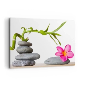 Impression sur toile - Image sur toile - Bambou et fleur rose sur pierres de style zen - 120x80cm - Couleurs de la vie et de la durée - Décoration murale moderne pour le salon et la chambre ARTTOR
