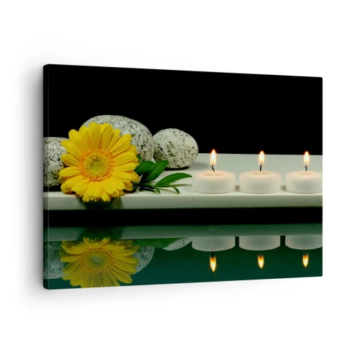 Impression sur toile - Image sur toile - Fleur jaune, bougies et pierres sur fond d'eau - 70x50cm - Apaisement des sens - Décoration murale moderne pour le salon et la chambre ARTTOR