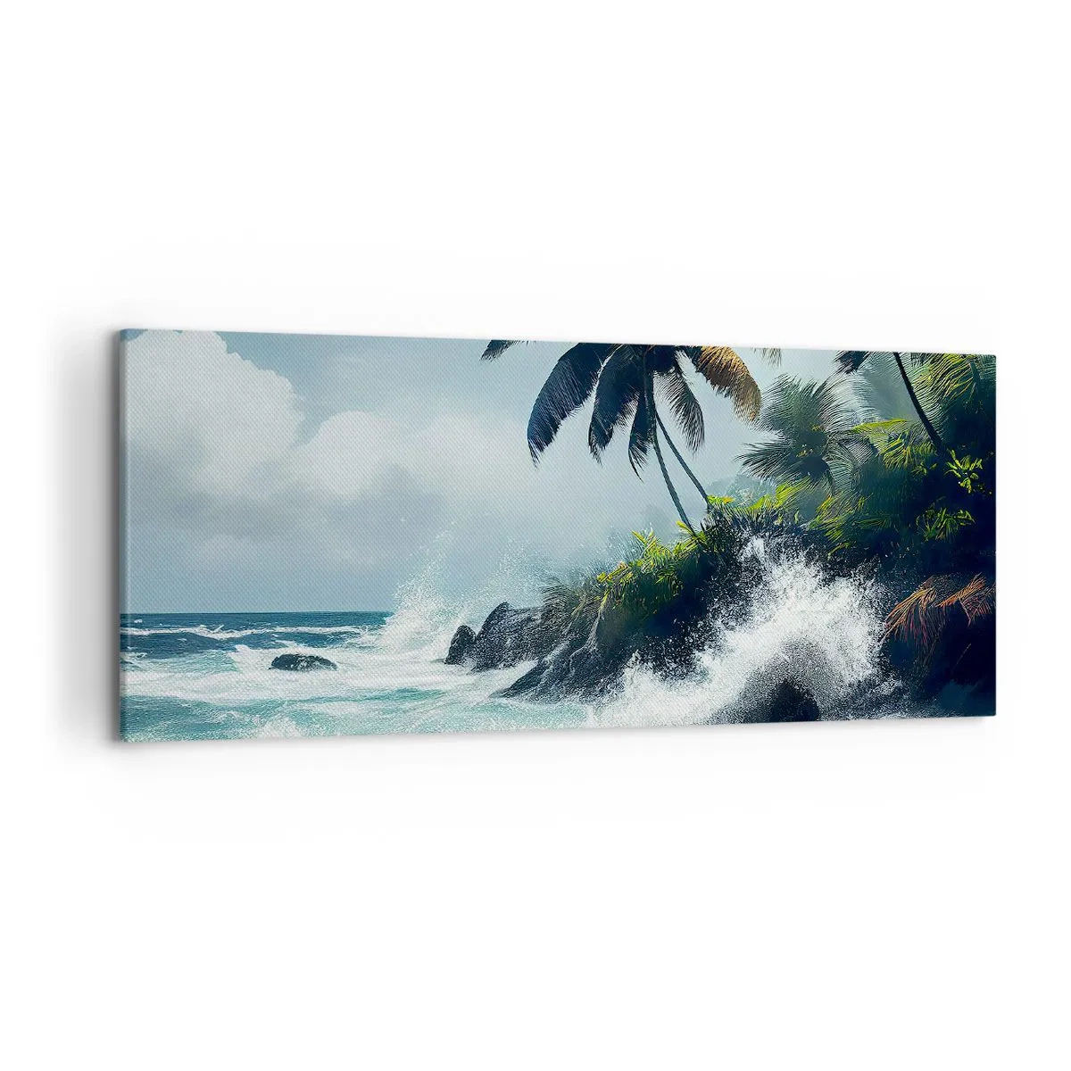Impression sur toile - Image sur toile - Rivage tropical avec palmiers et mer agitée - 120x50cm - Sur une côte tropicale - Décoration murale moderne pour le salon et la chambre ARTTOR