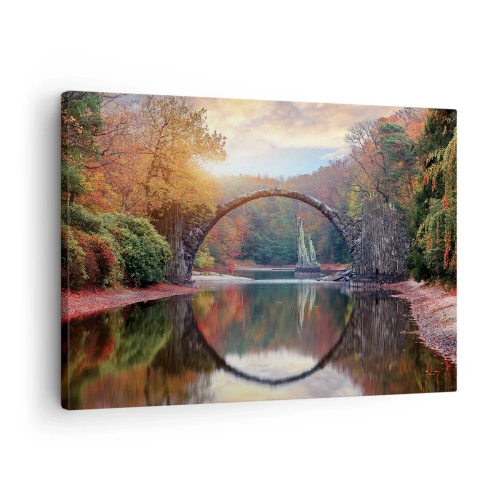 Impression sur toile - Image sur toile - Un pont de pierre dans un paysage d'automne sur une eau calme - 70x50cm - De l'autre cote du miroir - Décoration murale moderne pour le salon et la chambre ARTTOR