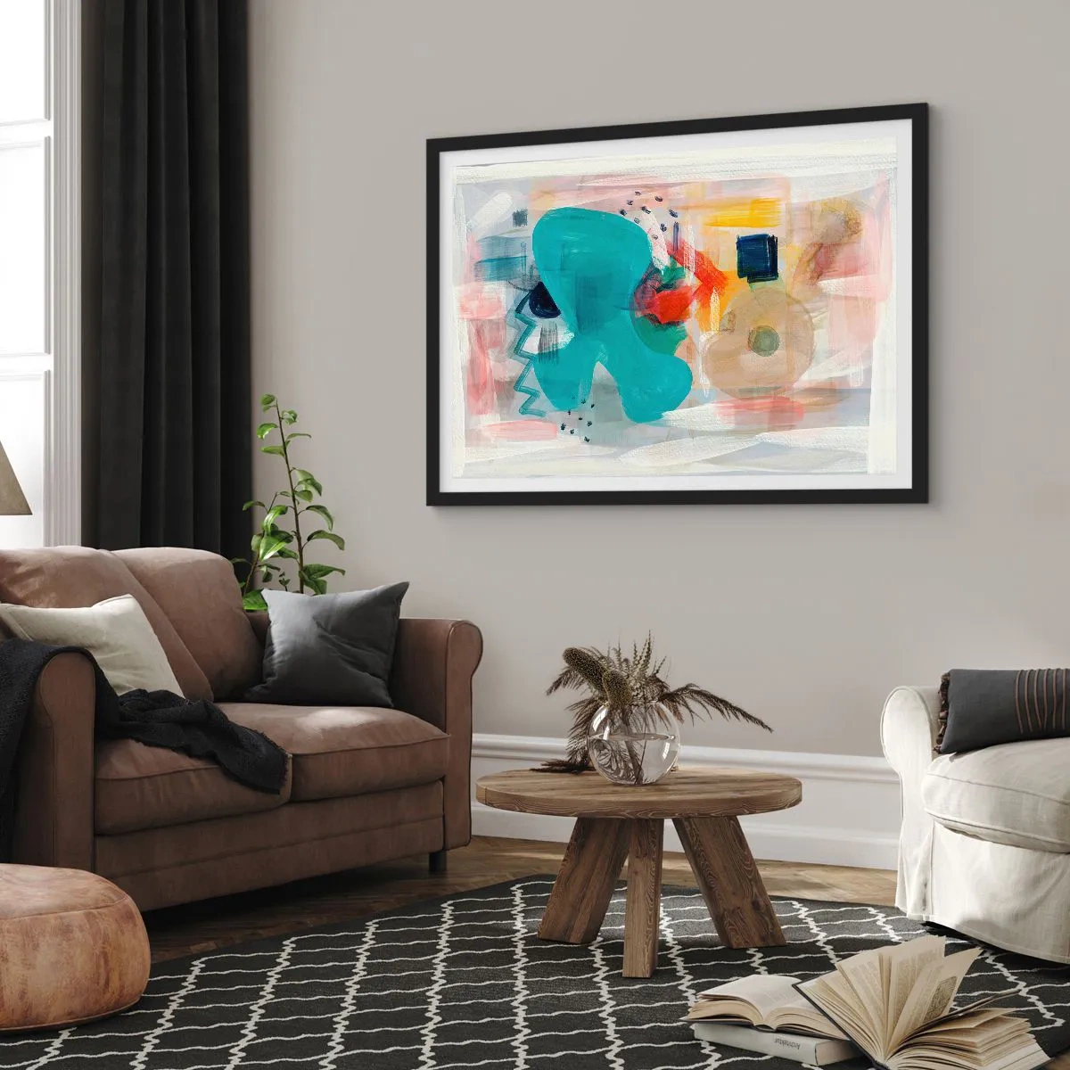 Affiche dans un cadre noir - Poster - Les formes et les couleurs abstraites créent une composition dynamique - 70x50cm - Jeu de couleurs - Décoration murale moderne pour le salon et la chambre ARTTOR