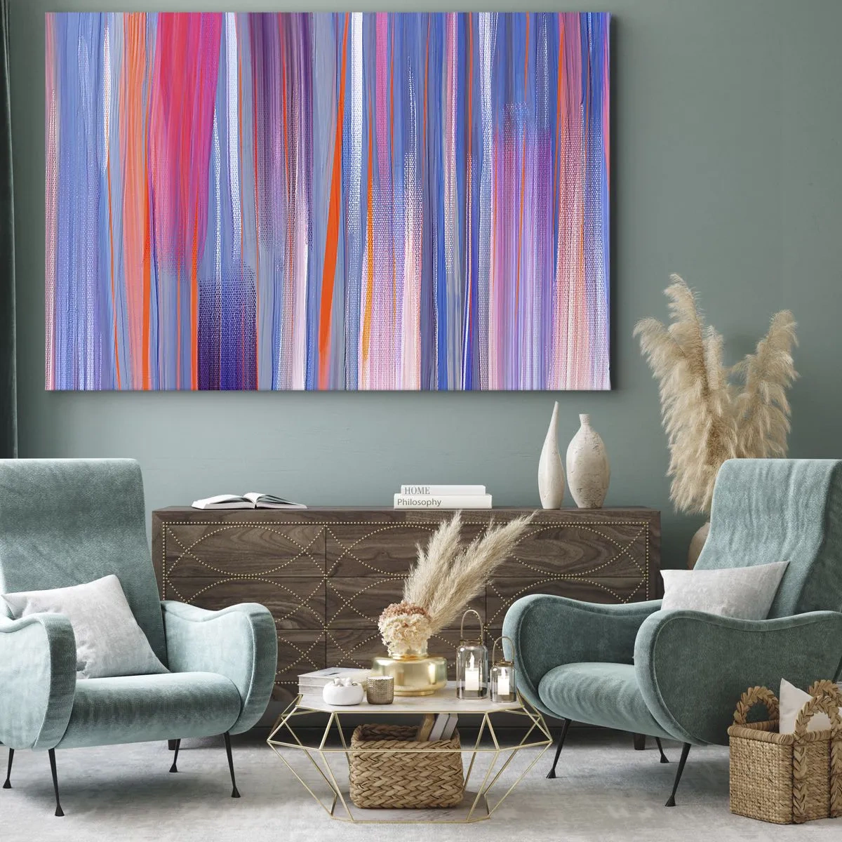 Impression sur toile - Image sur toile - Lignes verticales abstraites dans des tons de bleu et de rose - 120x80cm - Ascension - Décoration murale moderne pour le salon et la chambre ARTTOR