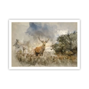 Affiche - Poster - Un cerf dans un cadre naturel dans un style aquarelle - 100x70cm - Dignité - force - majesté - Décoration murale moderne pour le salon et la chambre ARTTOR