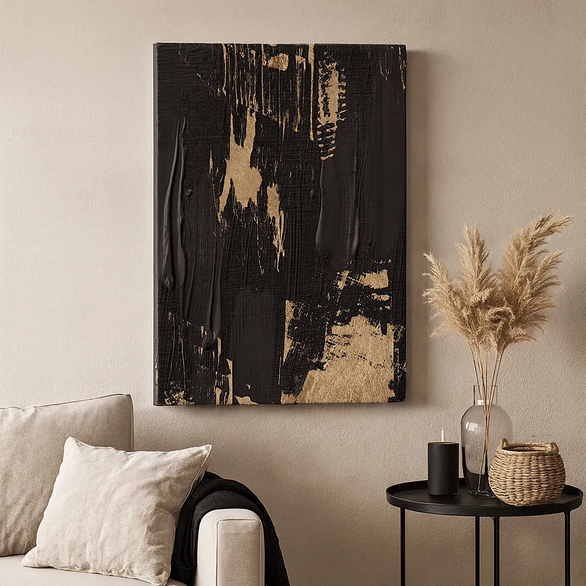 Impression sur toile - Image sur toile - Composition abstraite dans les tons de noir et d'or - 50x70cm - Empreinte du toucher - Décoration murale moderne pour le salon et la chambre ARTTOR