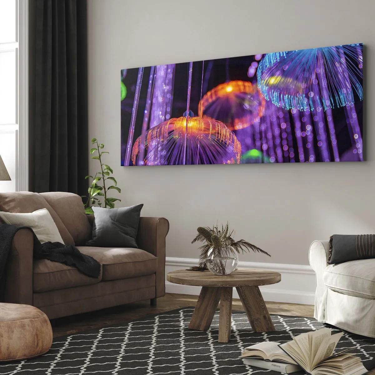 Impression sur toile - Image sur toile - Méduses lumineuses colorées dans un environnement sombre - 140x50cm - Fontaine lumineuse - Décoration murale moderne pour le salon et la chambre ARTTOR