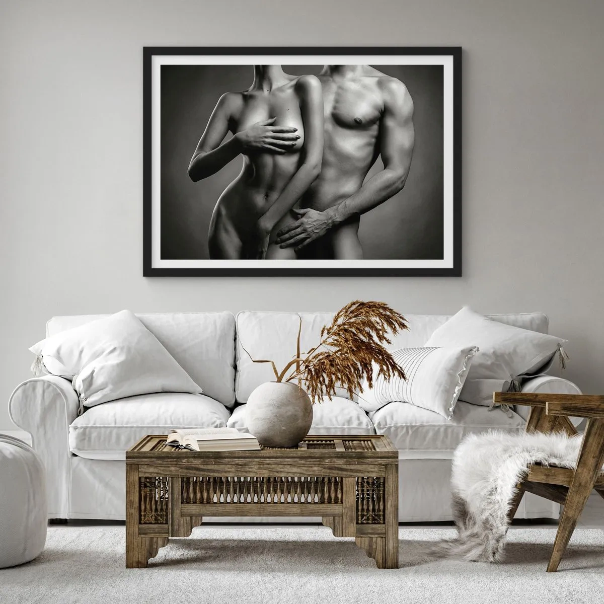 Affiche dans un cadre noir - Poster - Représentation en noir et blanc de corps féminins et masculins dans une pose artistique - 100x70cm - Adam et Eve - Décoration murale moderne pour le salon et la chambre ARTTOR