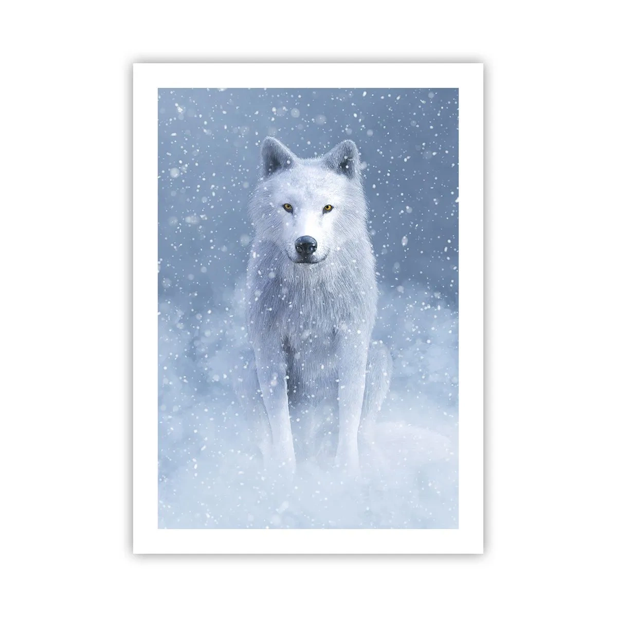 Affiche - Poster - Un loup blanc dans un paysage hivernal, entouré de neige. - 50x70cm - Dans une âme d'hiver - Décoration murale moderne pour le salon et la chambre ARTTOR