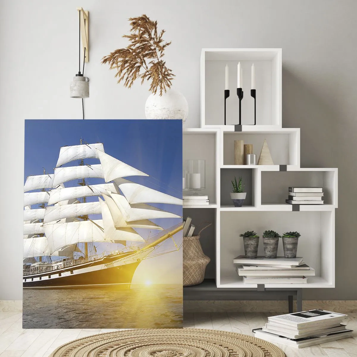 Impression sur verre - Image sur verre - Un voilier en mer à la lumière du soleil couchant - 70x100cm - Leur temps ne passera jamais - Décoration murale moderne pour le salon et la chambre ARTTOR