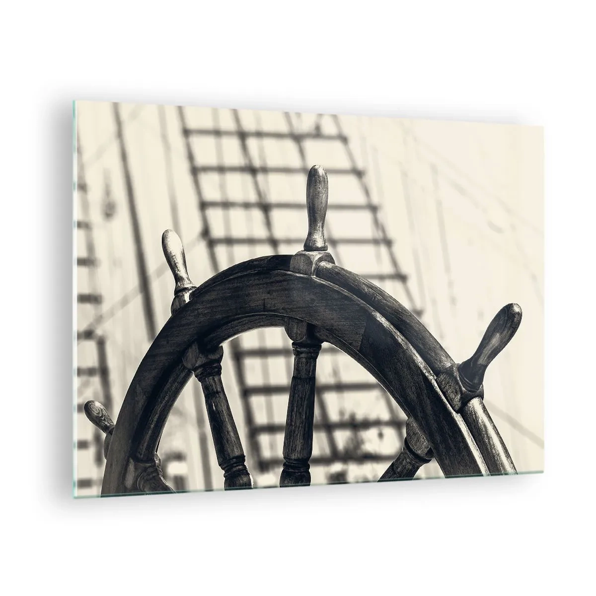 Impression sur verre - Image sur verre - Roue de navire nautique noire et blanche - 70x50cm - Histoires de mer - Décoration murale moderne pour le salon et la chambre ARTTOR