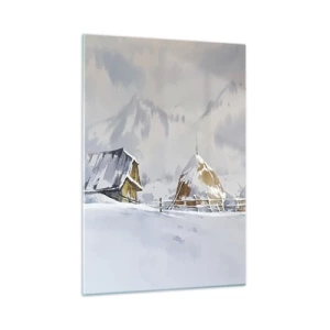 Impression sur verre - Image sur verre - Paysage d'hiver avec un chalet et des meules de foin dans les montagnes - 50x70cm - Dans une vallée enneigée - Décoration murale moderne pour le salon et la chambre ARTTOR