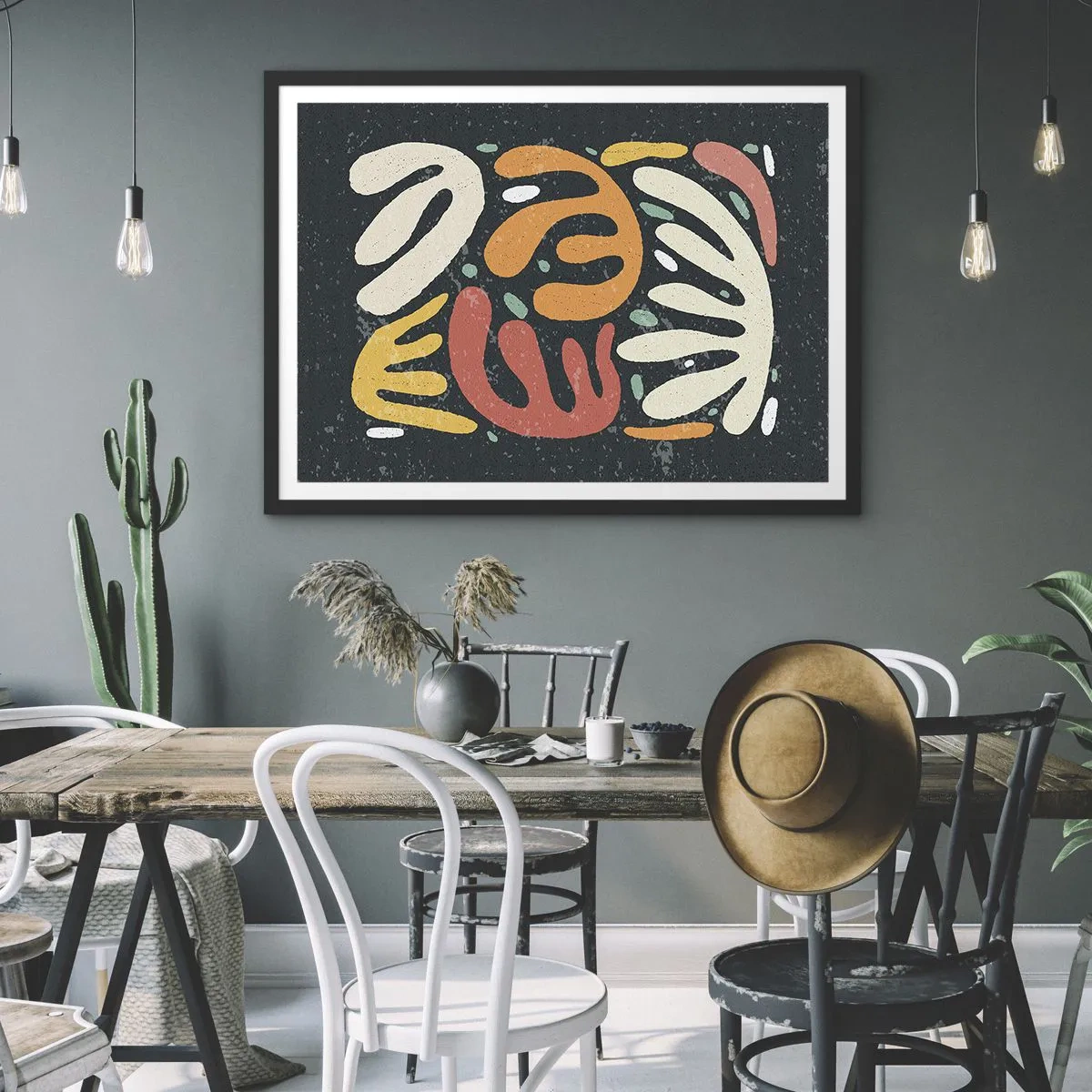 Affiche dans un cadre noir - Poster - Formes abstraites aux couleurs chaudes sur fond sombre - 70x50cm - Composition – Je suis sur le point de t'attraper - Décoration murale moderne pour le salon et la chambre ARTTOR