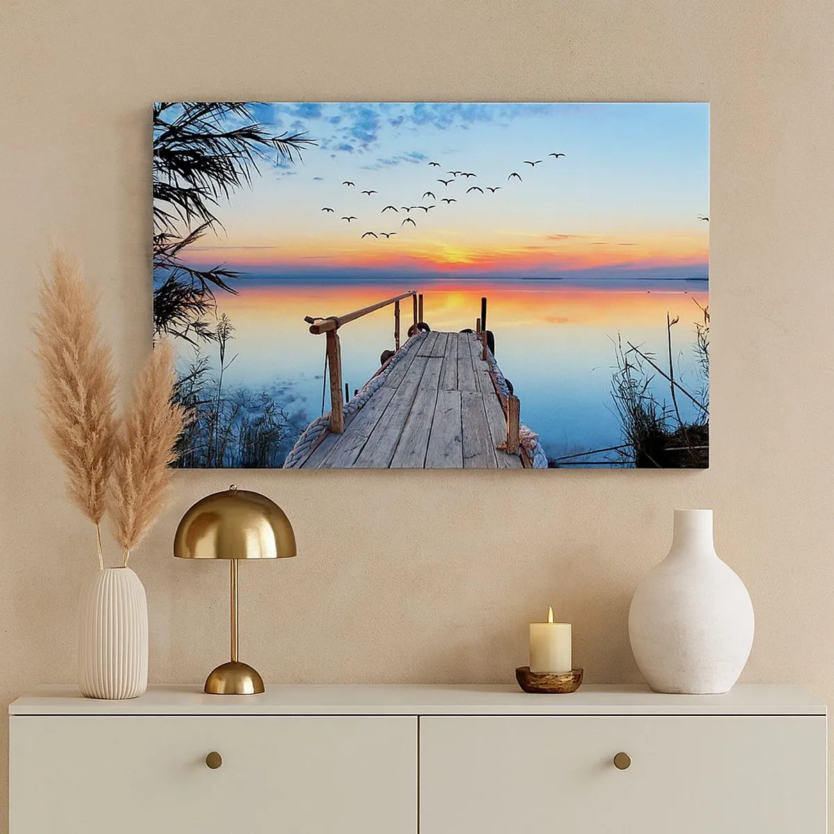 Impression sur toile - Image sur toile - Jetée en bois sur le lac au coucher du soleil - 70x50cm - Il est temps de rentrer... - Décoration murale moderne pour le salon et la chambre ARTTOR