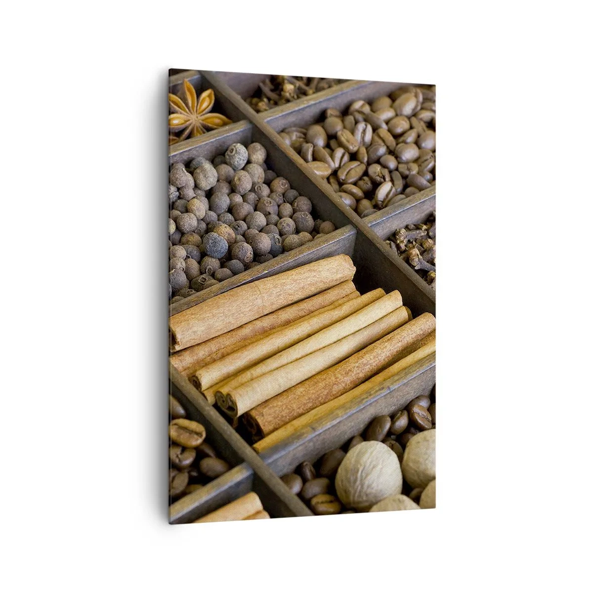 Impression sur toile - Image sur toile - Épices et café dans des compartiments en bois - 80x120cm - Trésor d'arômes - Décoration murale moderne pour le salon et la chambre ARTTOR