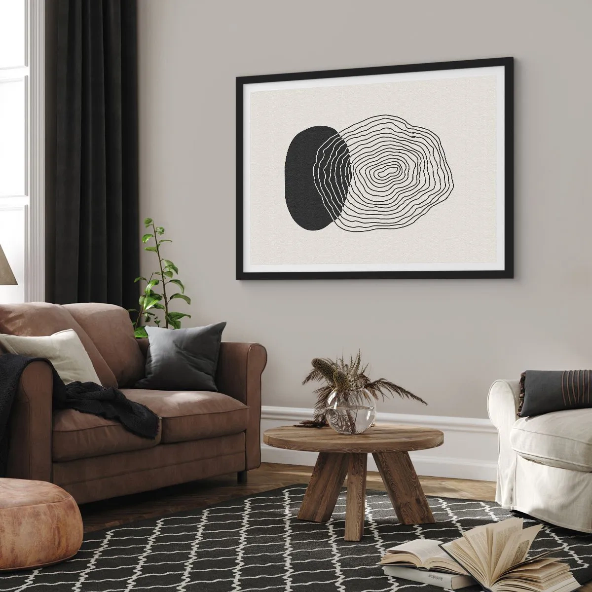 Affiche dans un cadre noir - Poster - Motif abstrait avec des lignes et des formes en noir et blanc - 100x70cm - Durabilité et oscillation - Décoration murale moderne pour le salon et la chambre ARTTOR