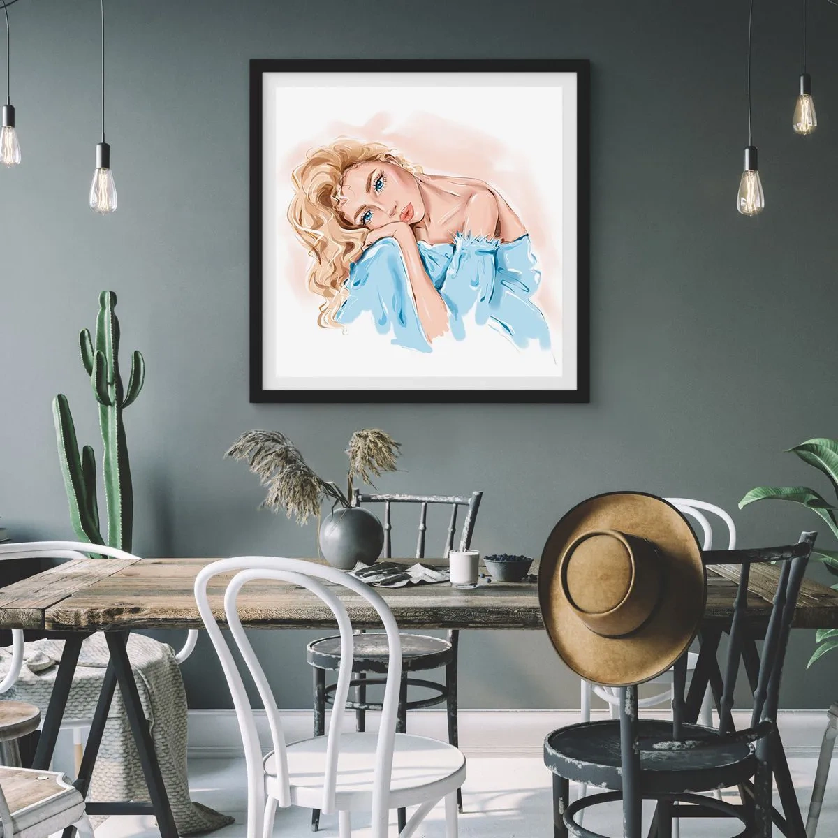 Affiche dans un cadre noir - Poster - Rêveuse en bleu - 50x50 cm