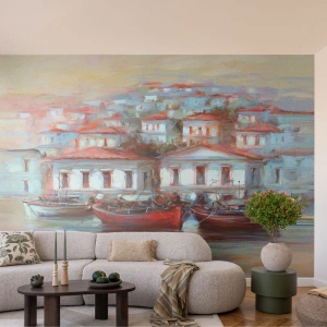 Papier Peint Photo Premium Canvas - Petite ville heureuse - Architecture, Voilier, port - 350x256 cm