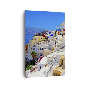 Impression sur toile - Image sur toile - Panorama de Santorin avec des maisons blanches et un ciel bleu - 80x120cm - Le rêve d'un été grec - Décoration murale moderne pour le salon et la chambre ARTTOR
