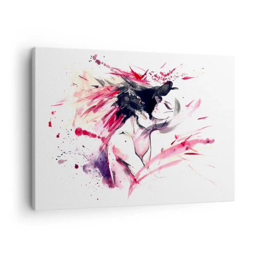 Impression sur toile - Image sur toile - Portrait abstrait d'une femme aux accents rouges dynamiques - 70x50cm - Un accomplissement amoureux - Décoration murale moderne pour le salon et la chambre ARTTOR