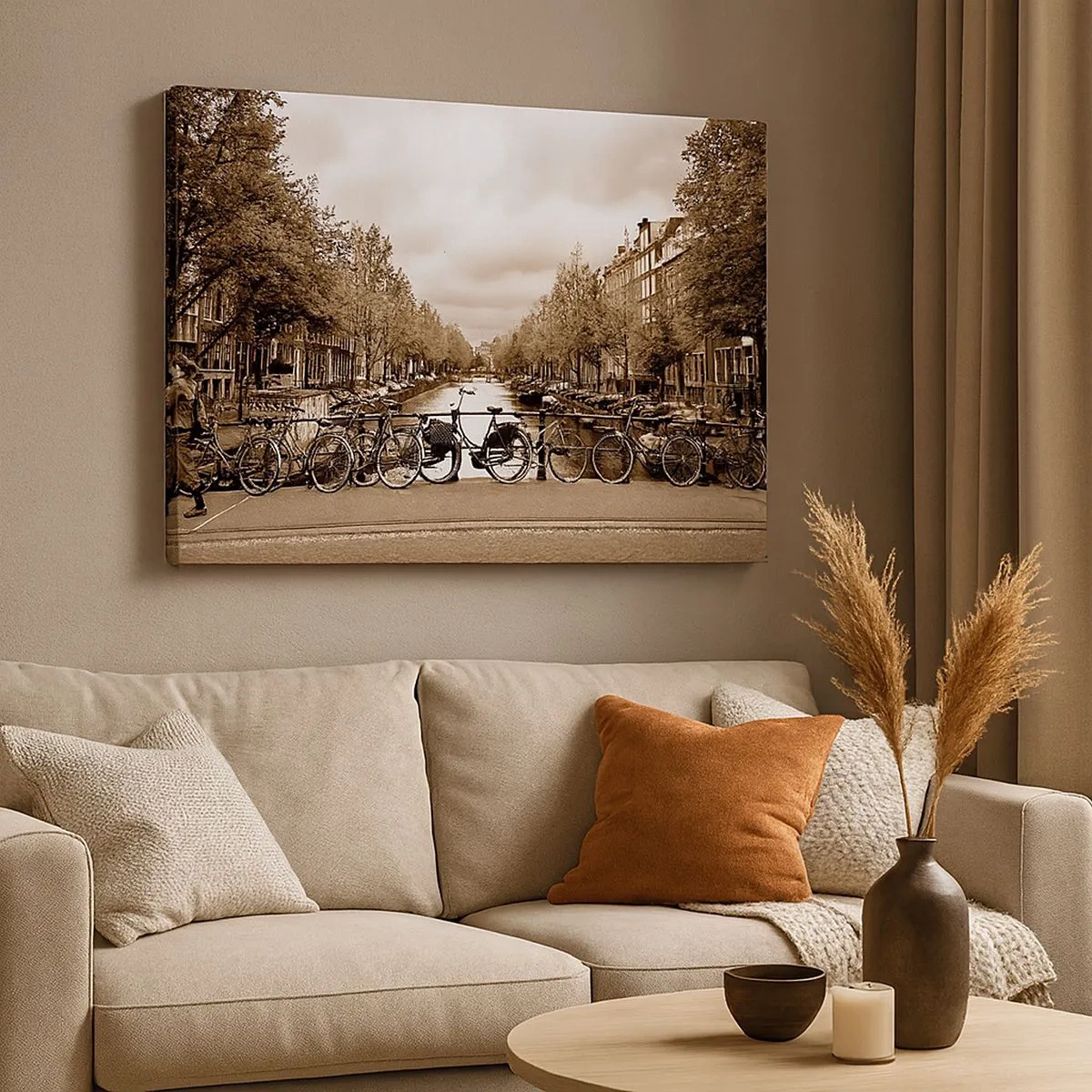 Impression sur toile - Image sur toile - Pont cyclable sur le canal en sépia - 70x50cm - Ambiance hollandaise - Décoration murale moderne pour le salon et la chambre ARTTOR