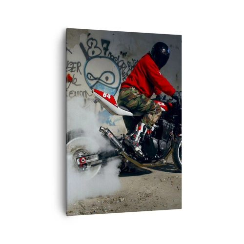 Impression sur toile - Image sur toile - Un motard effectue un drift spectaculaire dans un bâtiment abandonné couvert de graffitis. - 70x100cm - Pourchassez moi! - Décoration murale moderne pour le salon et la chambre ARTTOR